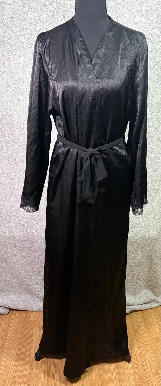 Vintage 90s Oscar de la Renta L Black Satin Lace Robe